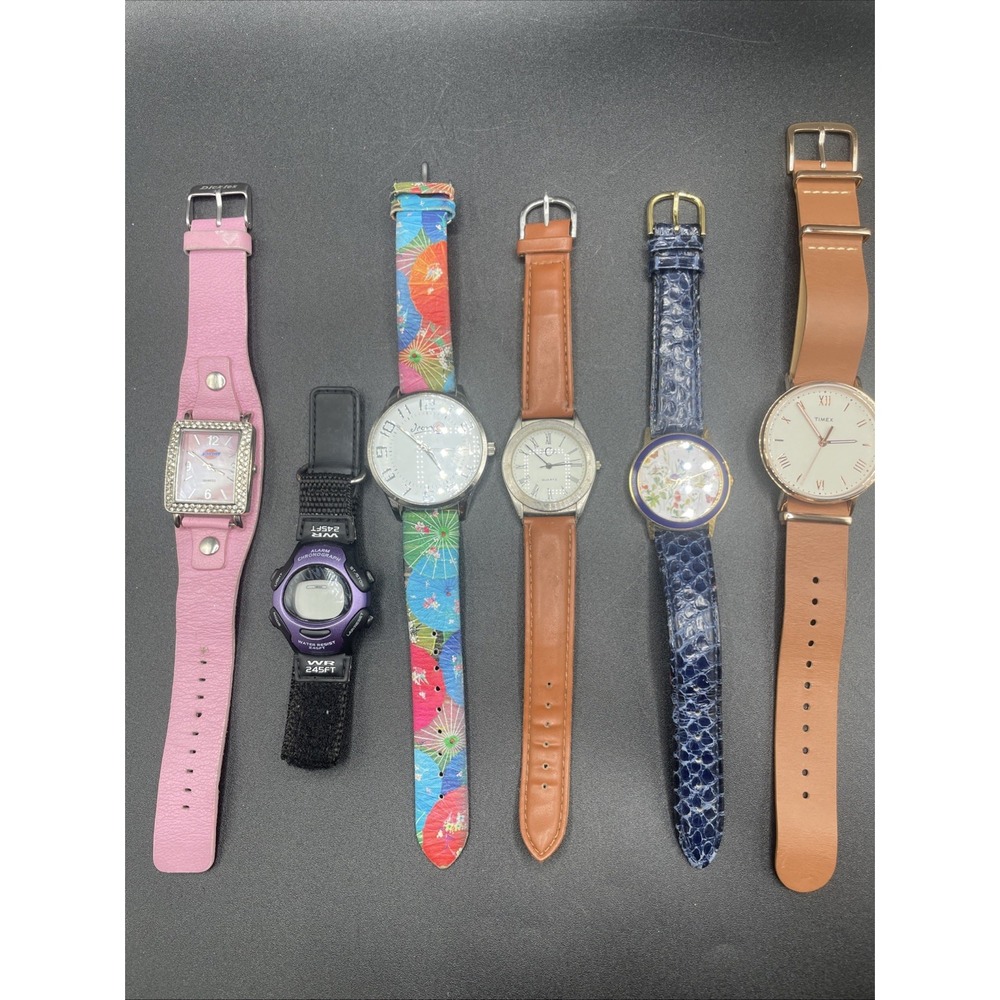 Lot of 6 Quartz Watches Timex, Dickies, PCA, Icon, Floral, Ect - Need Batteries